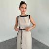 2025 Autumn Women's Colorblock Sleeveless Crew Neck Tie-Up Slit Dress