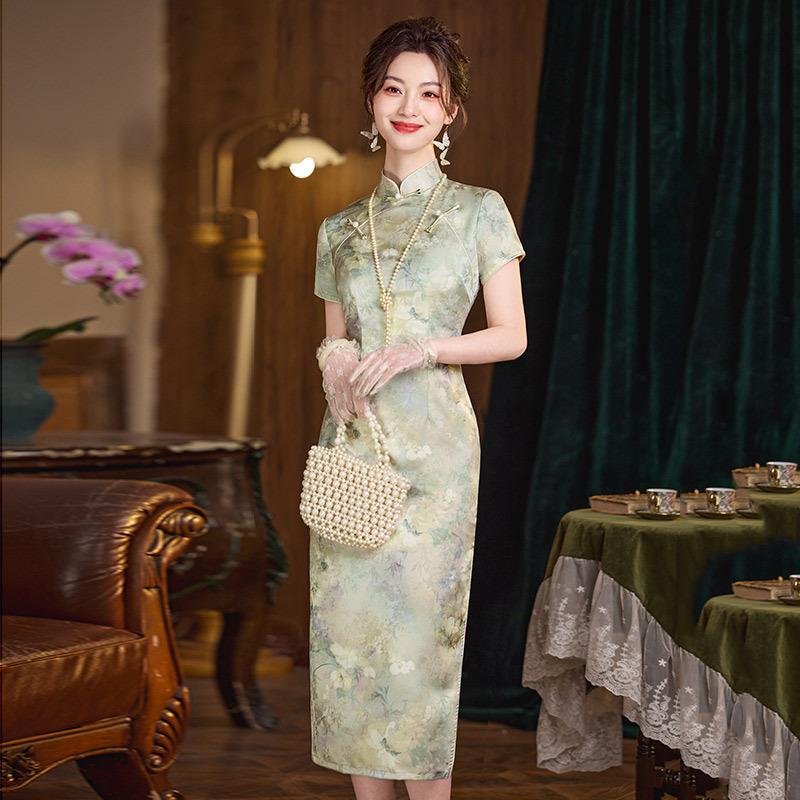 Double placket green national style Chinese long improved cheongsam new young women's retro slim short sleeves summer