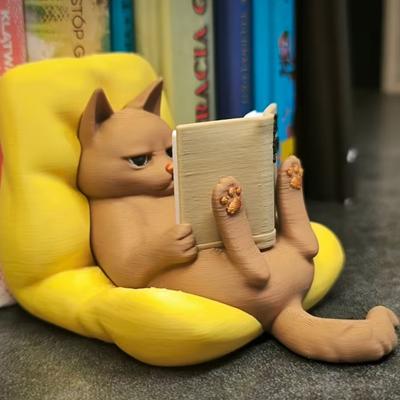 Cat Reading Figurine 3D Printed Cute Lying Cat Reading Book Statue for Office Home Bookshelf Desktop Decor Gifts for Cat Lovers