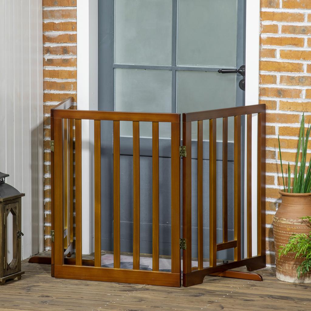 Foldable Dog Gate with 3 Panels with Anti-Slip Feet for Corridors, Stairs and Rooms, In Pine Wood, 181x35x76 Cm, Dark Brown