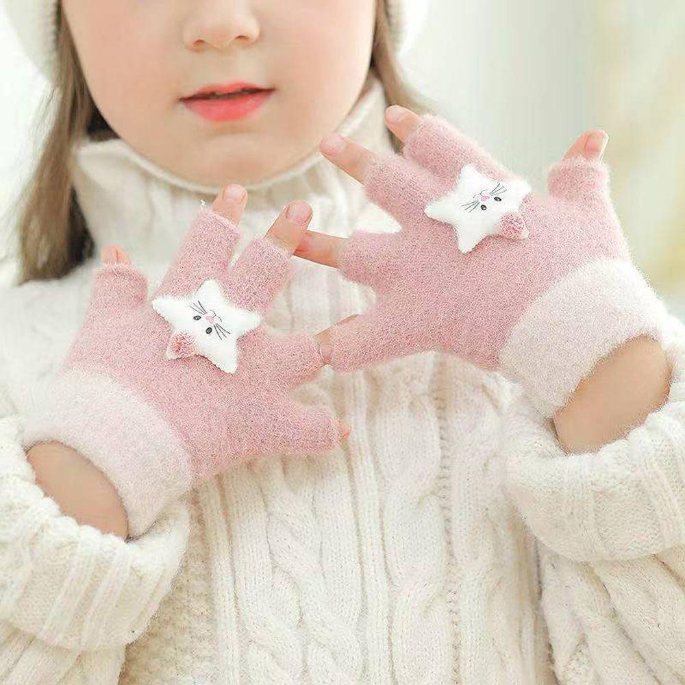 Cute Thicken Half Finger Knitted Cat Star Kids Outdoor Gloves Korean Mittens Children Winter Gloves