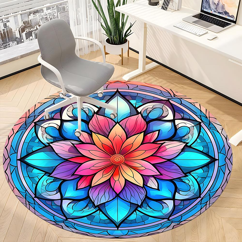 1pc Stained Glass Mandala Office Round Area Rug, Indoor Mat Suitable ForOffice, Under Office Chairs Bedroom Living Room Home Decor, Room Deco q019