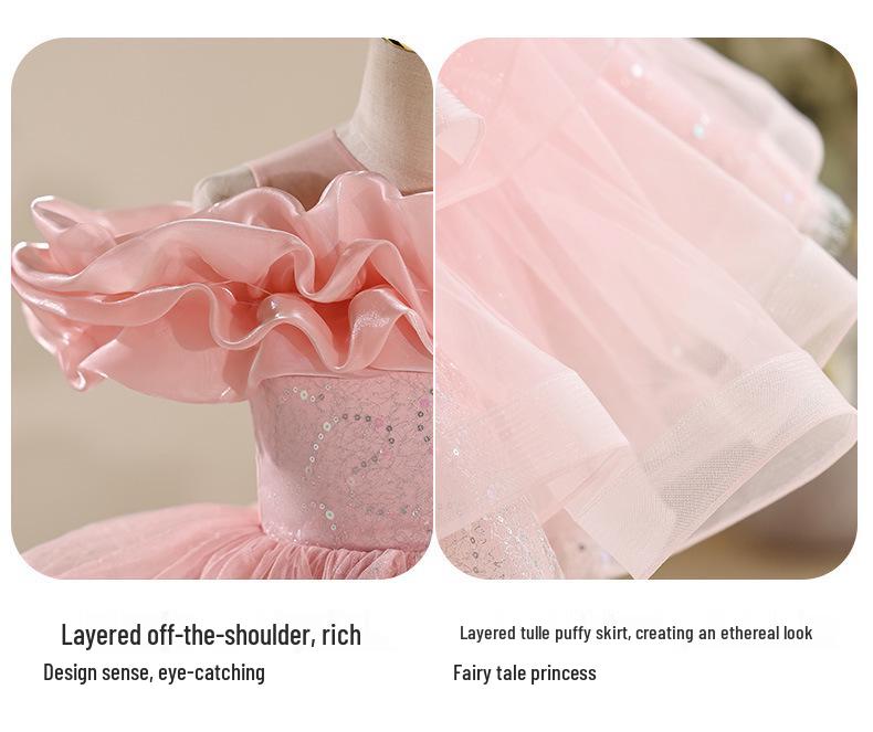 Girls' Formal Flower Girl Princess Dress with Sequined Puffy Skirt - Ideal for Piano Performances