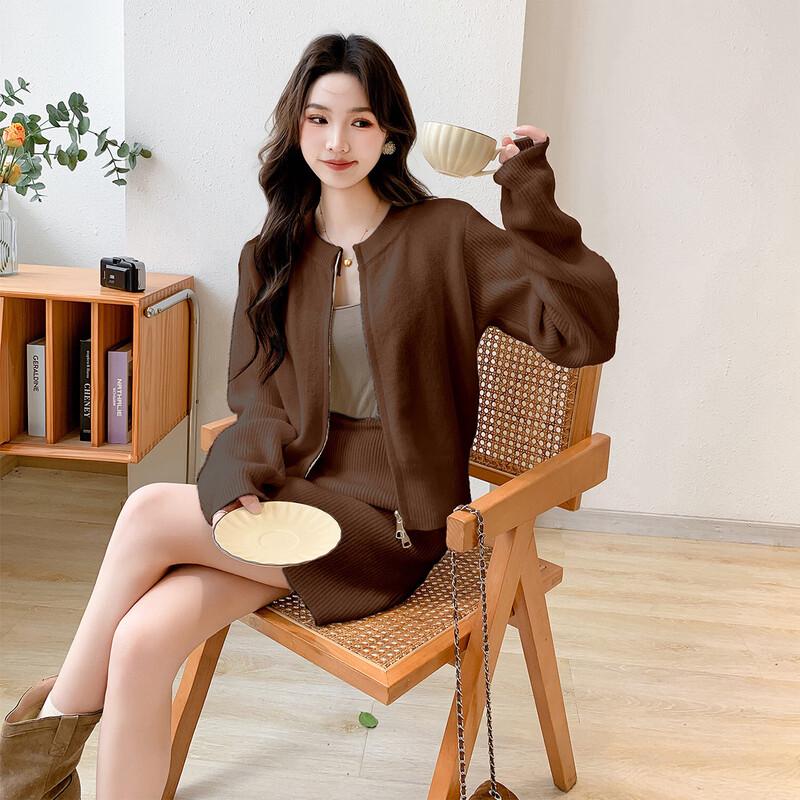 Women's Fashion Long Sleeve Knit Cardigan & Short Skirt Set