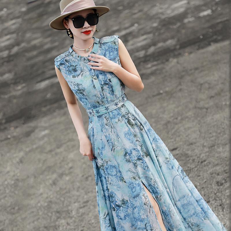 Lanser 2026 Summer French Floral Tie-Waist Sleeveless Dress M