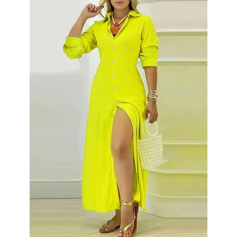 

Autumn Ladies Elegant Solid Color Long Sleeve Shirt Button Dress Women XXL жовтий