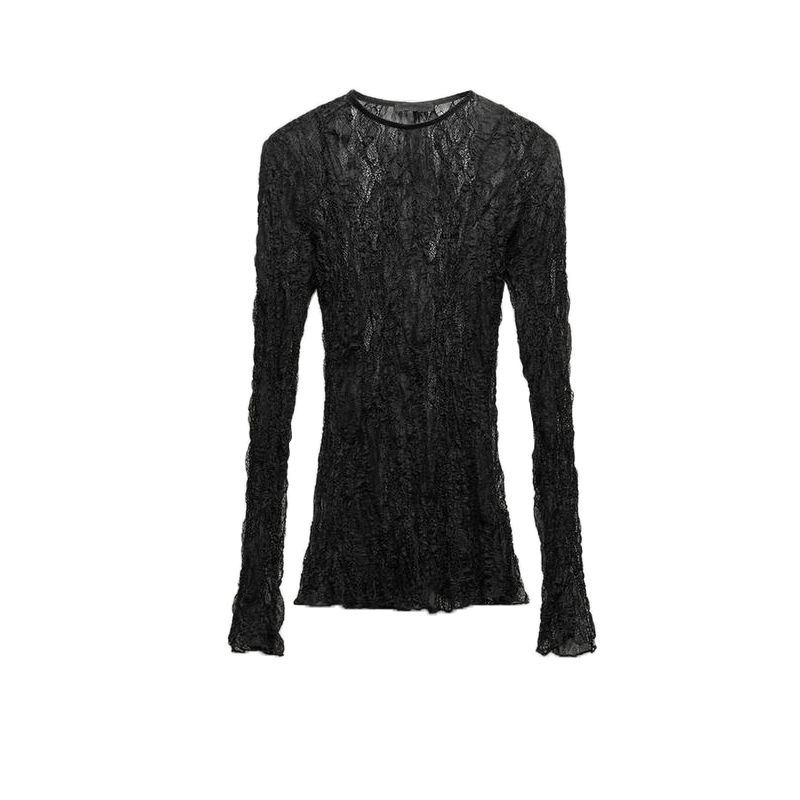 

Spring New Women s Clothing Sexy Pure Desire Style Silm Long Sleeves round Neck Translucent Lace Tops 6050308 Black L