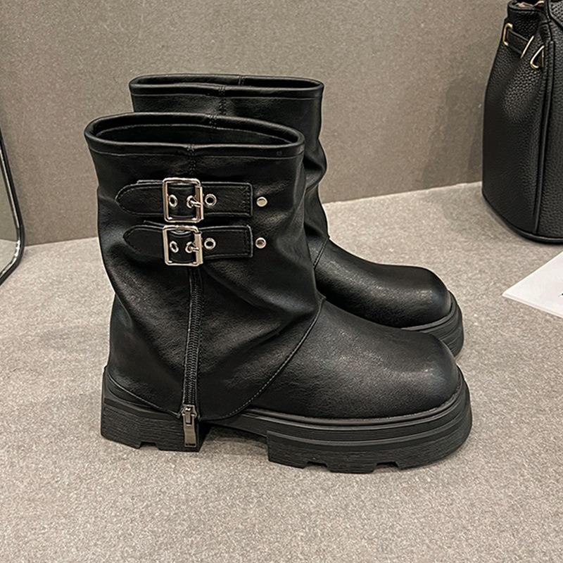 Cowhide version~ New small height-increasing round trousers women's boots short Martin boots women's thick-soled knight boots