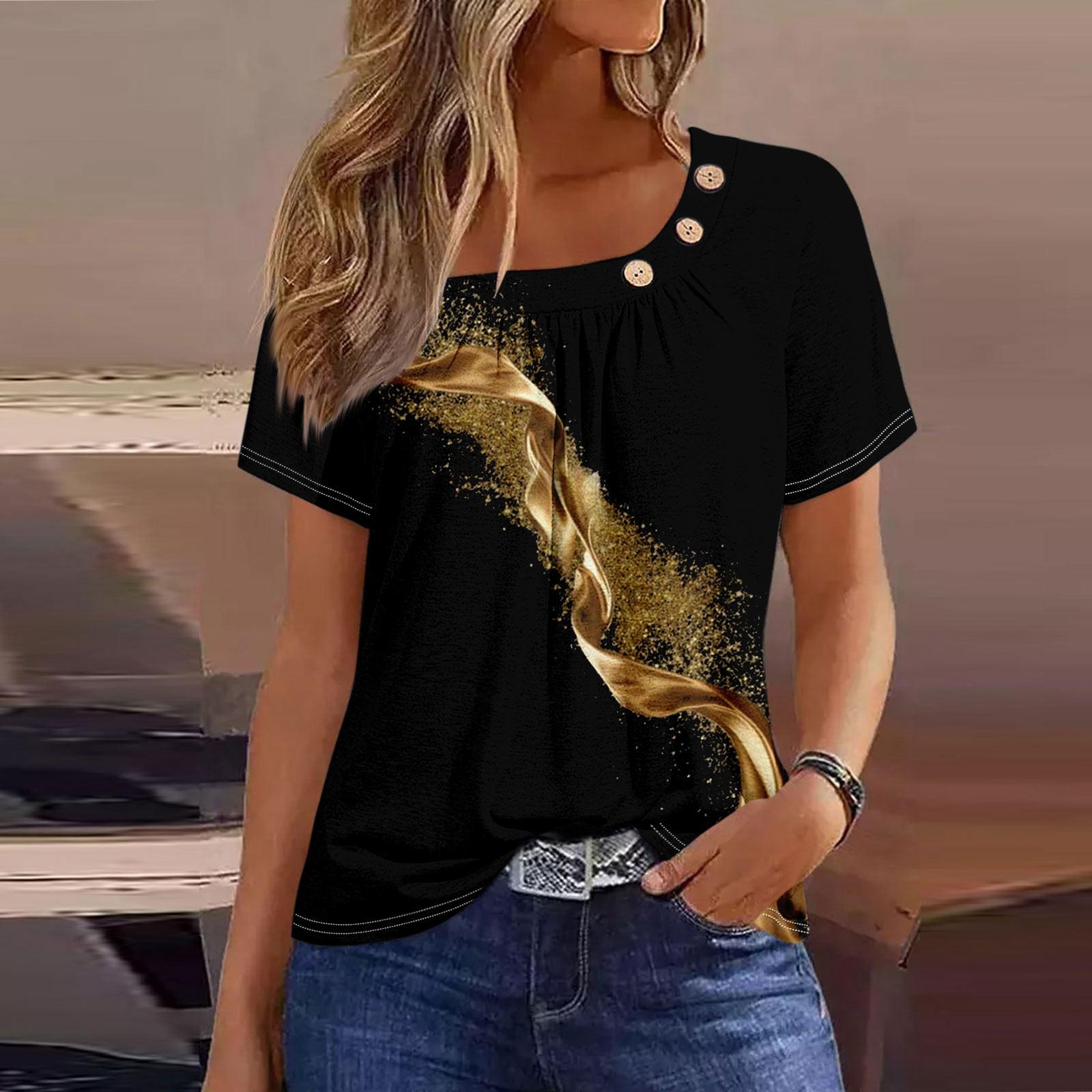 

Летние топы для женщин. Удобные женские топы с круглым вырезом и короткими рукавами. Футболки с принтом для женщин. XL золотой