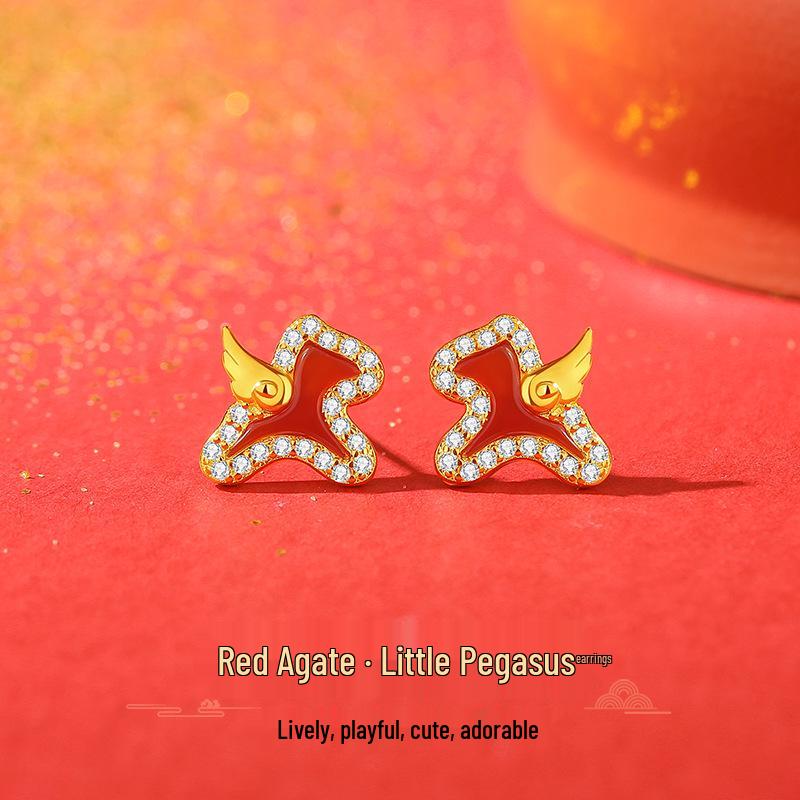 Tichiya Little Pegasus Red Agate Necklace: S925 Sterling Silver Zodiac Horse Pendant for Women 925 Silver