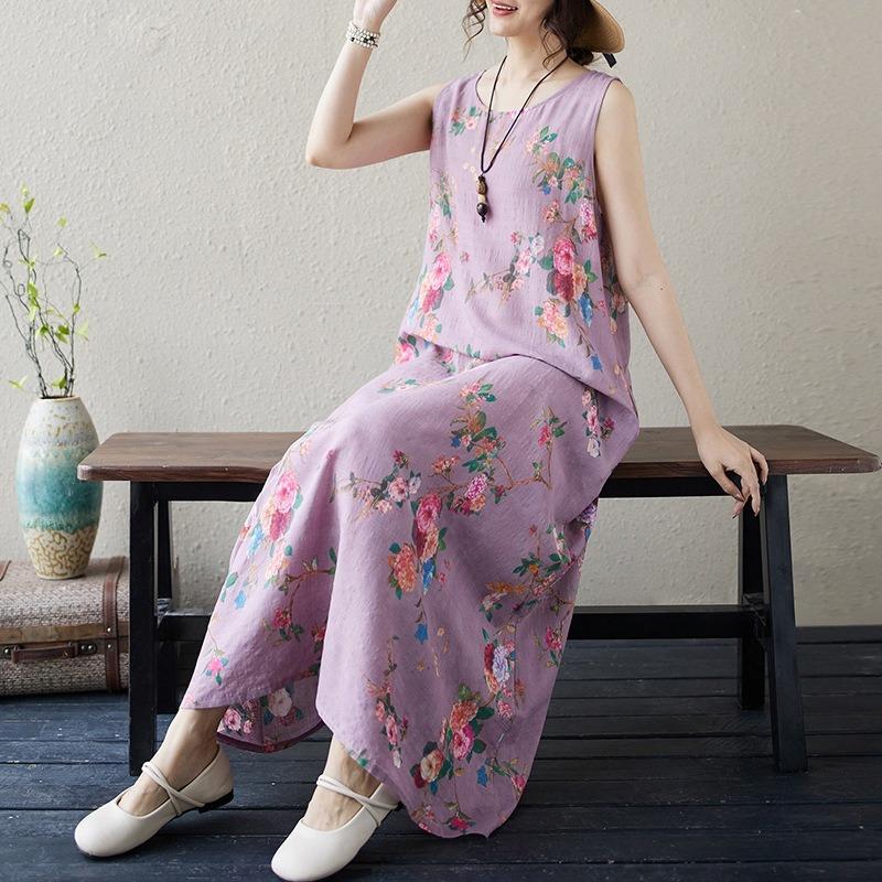 Real summer new cotton and linen printing retro literary and artistic fattening enlarged sleeveless vest medium and long dress women