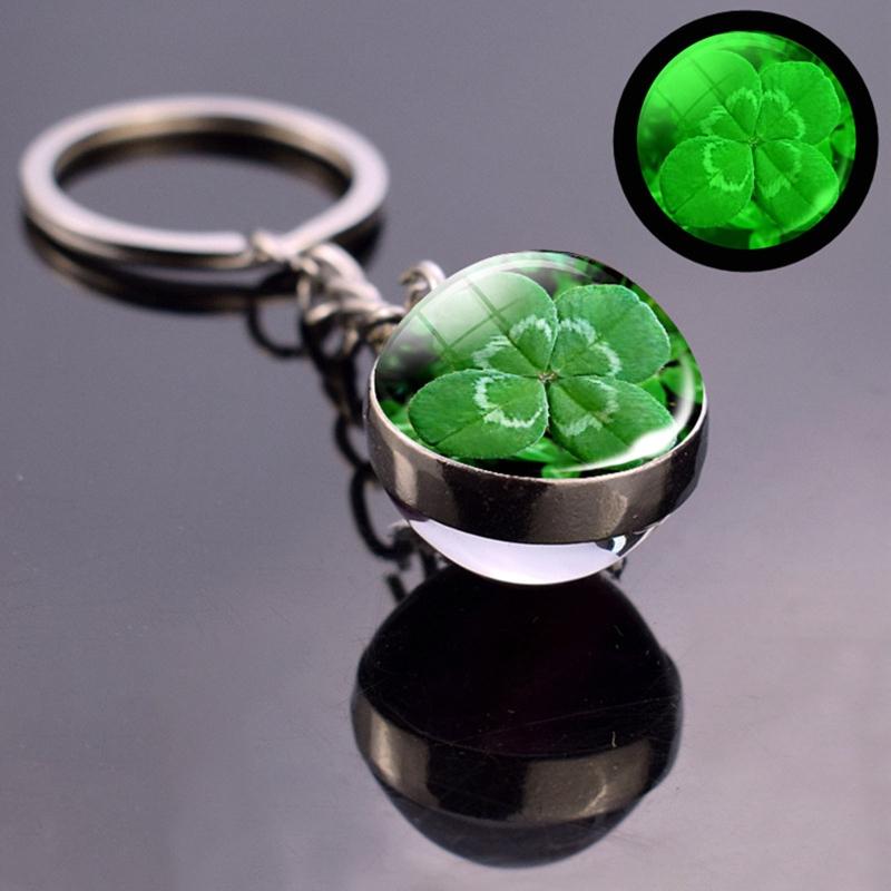 Clover Keychain Luminescent Four Leaf Clover Glass Ball Double Side Metal Pendant Keychain Lucky Jewelry Gift