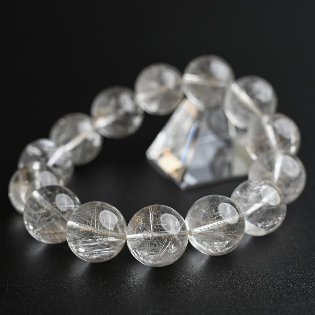 Eigado Silver Rutilated Quartz 17mm 19cm Wrist Limited Natural Power Prayer Good Luck Feng Shui Bracelet, Stone, Circumference, One-of-a-Kind,