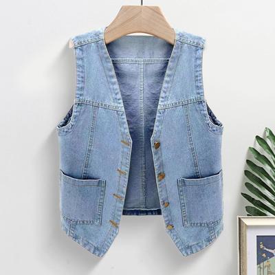 Gilet en jean pour femme avec poches, sans manches, boutonné, ample, couleur unie, col en V, style urbain, pour les voyages en plein air et les déplacements quotidiens