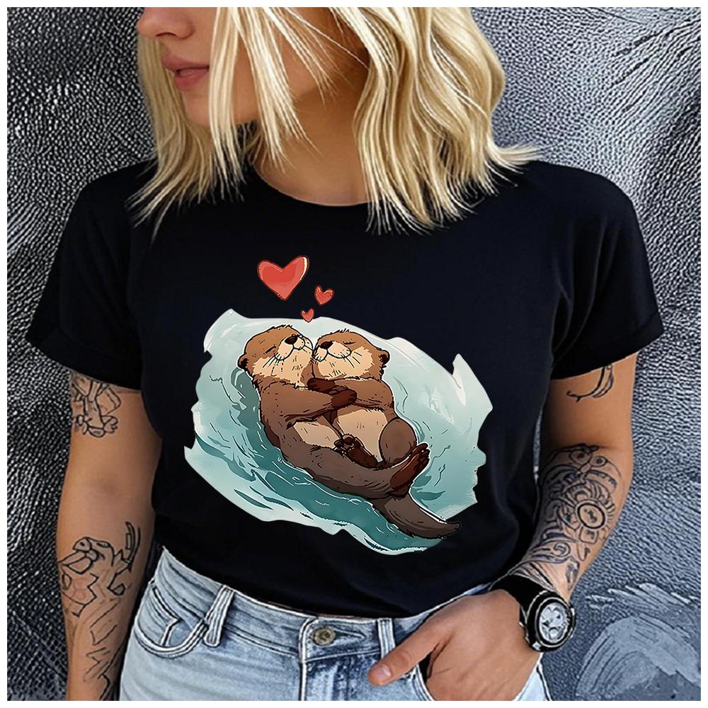 Women's Polyester 100% Holding Hands with an Otter Print T-shirt Loose Round Neck Casual Short Sleeve Fashion Top  Clothing Summer