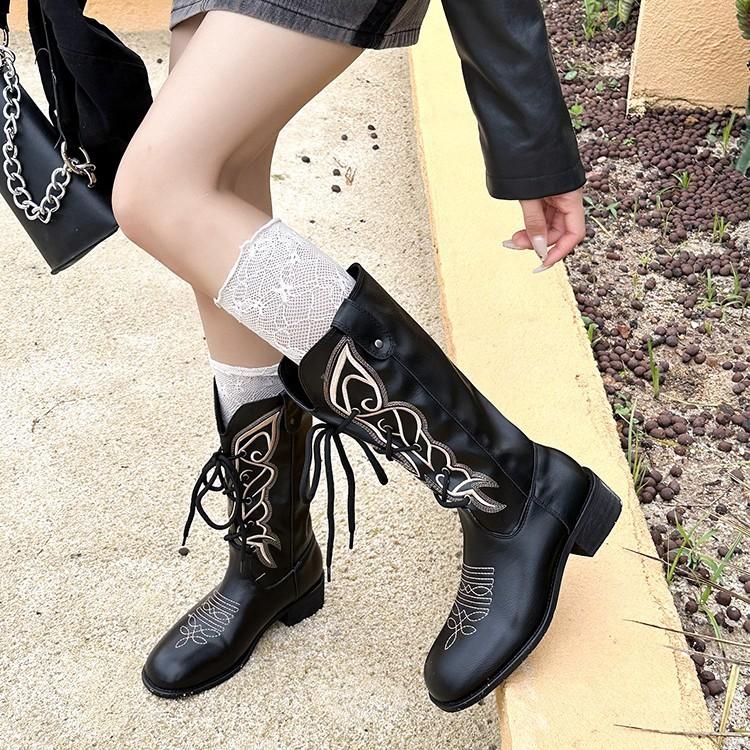 Famous Style~ Retro Embroidery Bow Lace-Up Western Cowboy Boots Women's V-Buckle Versatile Skinny Thick Heel Fashion Boots