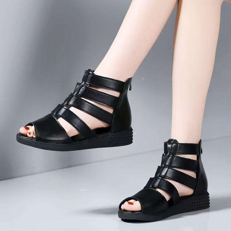 Women's Big Size Leather Hollow Out Wedges Peep Toe Sandals Summer New Soft Sole Non Slip Breathable High Top Zippers Cool Boots
