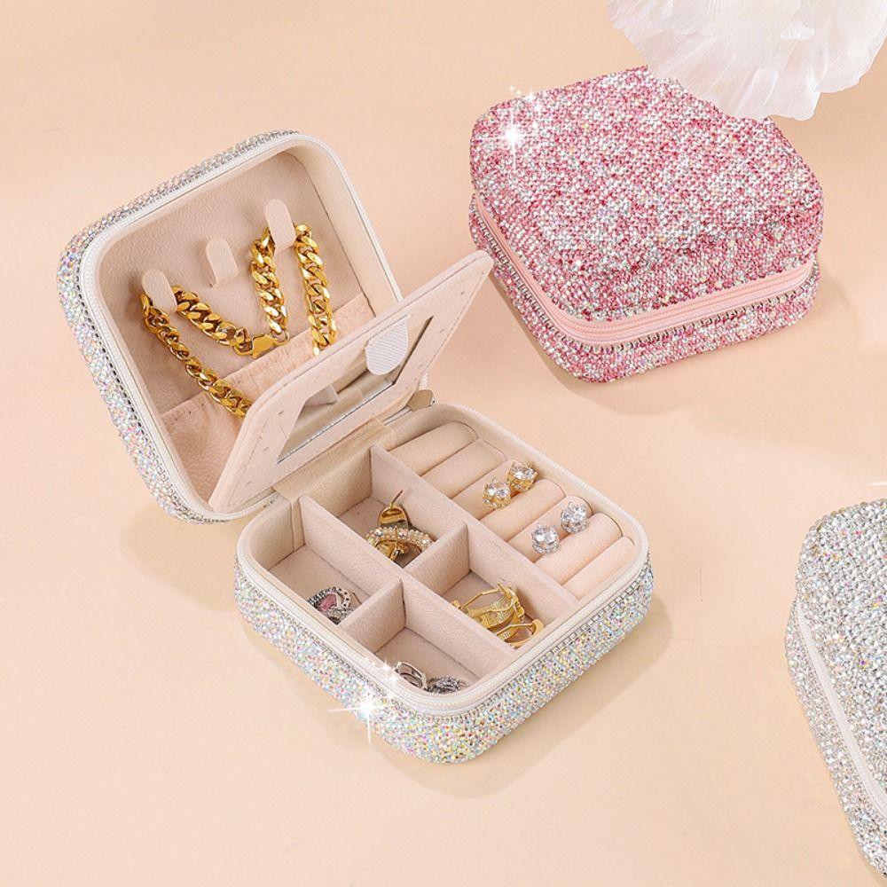 Luxury Travel Earrings Storage Case Square Portable Ring Holder Studded Jewelry Organizer Makeup