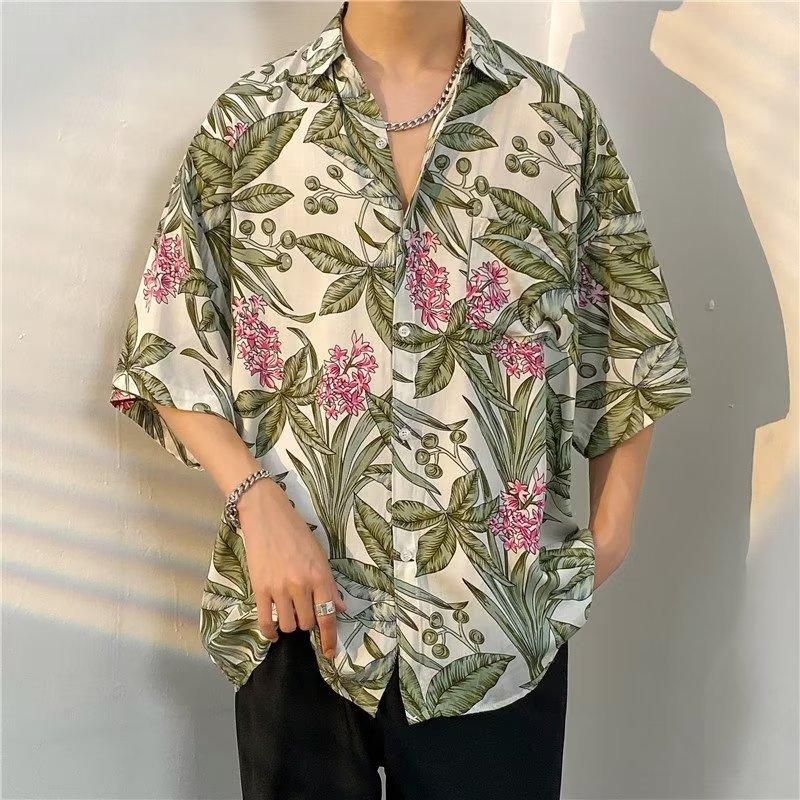 Summer lightweight Hawaiian floral short-sleeve shirt, loose casual shirt