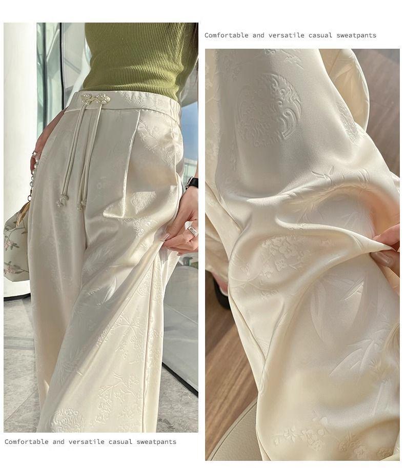 New Chinese Style Women's High-Waist Wide-Leg Pants for Summer - Ice Silk Feel, Floor-Length, Casual Drape.