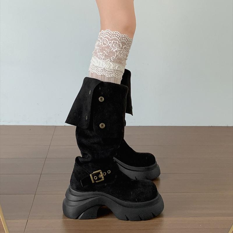 Winter Vintage Platform Thick Sole Woman Knight Boots Fashion Belt Buckle Slip On Shoes Punk Style Height Increase Long Booties