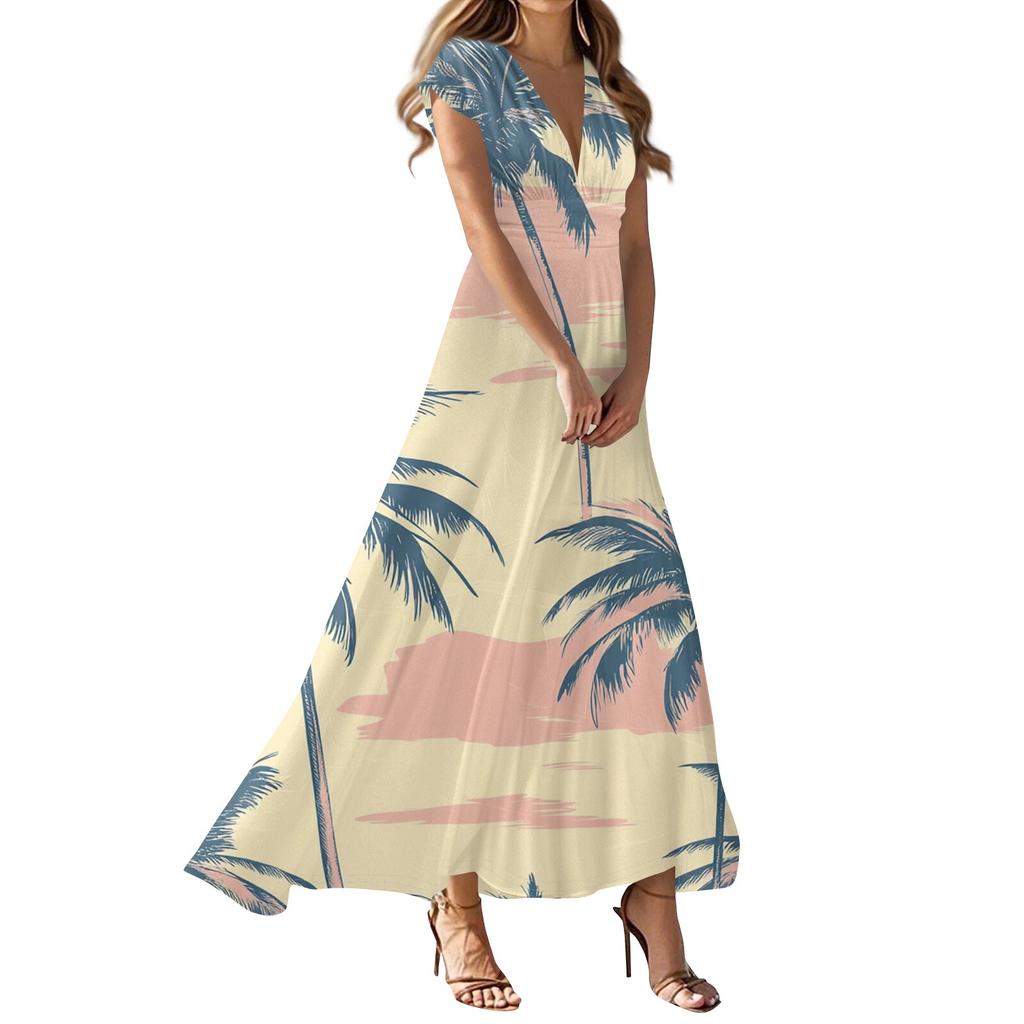 Women's Summer Casual Fashion Beach Printed Dresses V-Neck Short Sleeve Dresses