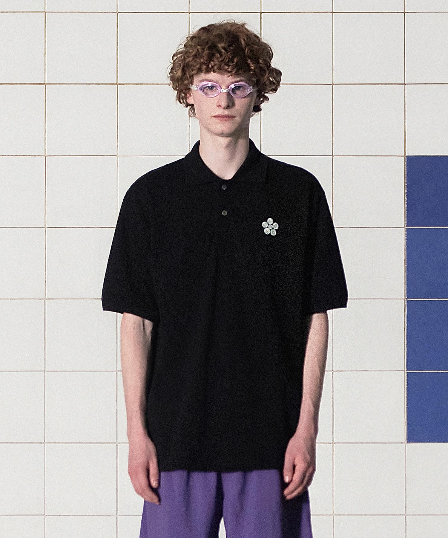 Analogoid Button Flower Pique Polo Shirt / Black Black/M