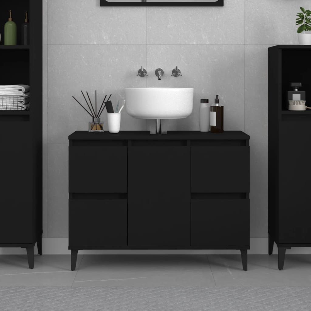 Unterschrank Unter Dem Waschbecken Im Bad, Zwei Schubladen Links Und Rechts, Ein Türfach In Der Mitte, Viel Stauraum, Schwarz 80x33x60 Cm