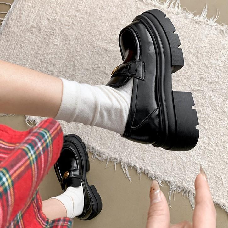 Fashion commuter black retro thick heel platform small leather shoes women's 2025 new autumn and winter one-pedal French loafers