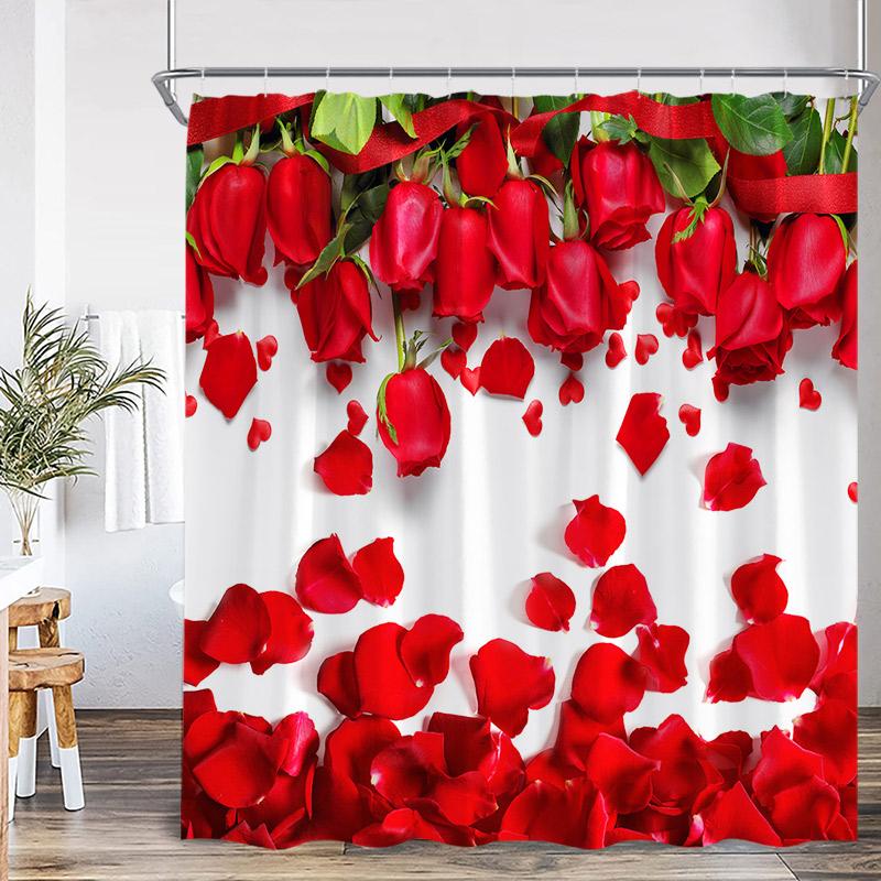 Valentine'S Day Shower Curtain Red Heart Rose Flowers Bicycle Petals Lovers Gift Fabric Home Bathroom Curtains Decor With Hooks