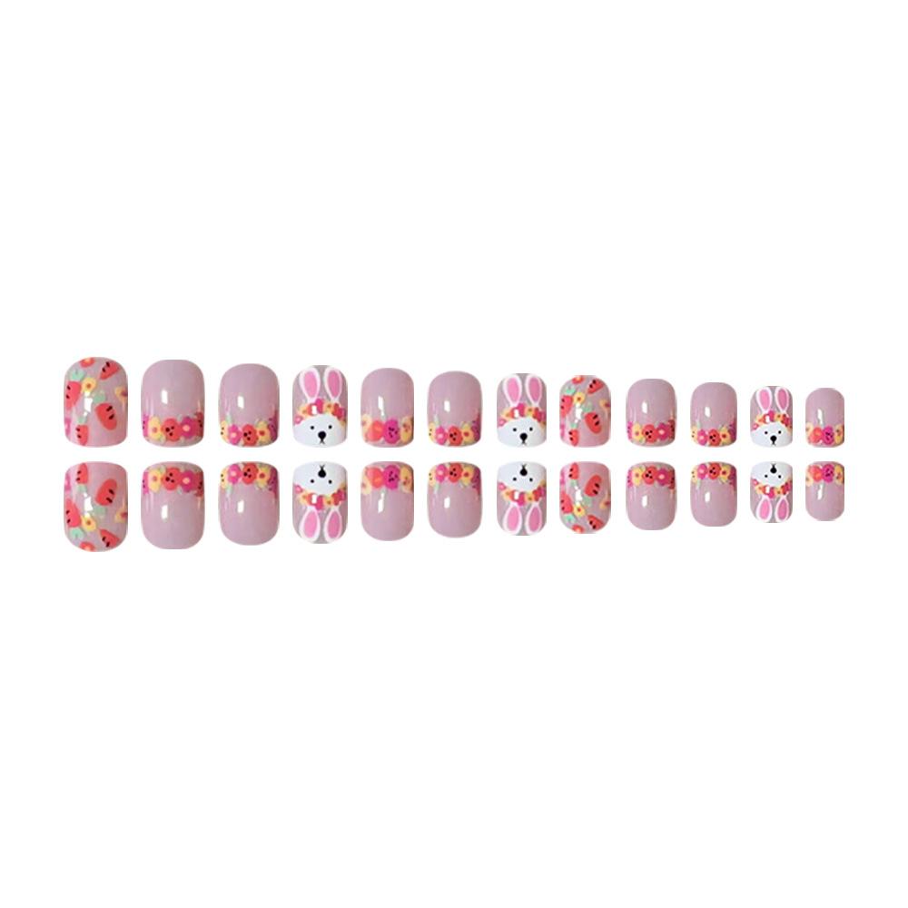24pcs Press On Nails Short Square Nail Garland Cute Pink Rabbit Carrot Cross-Border Nail Art Wearable Nails Removable Nail Art