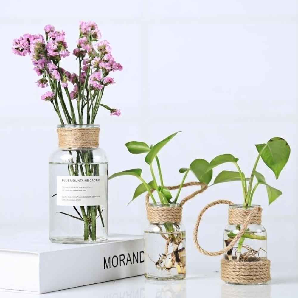 Vintage Nordic Hydroponics Glass Vase Country Style Handmade Hemp Rope Vase for Home Office Restaurant Decorative Plants Fresh