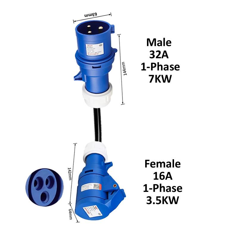 Electric Vehicle Charging Adapter Blue 32A Single Phase 3 Pin Male Plug to Red 16A 32A Female Socket Three Phase 5 Pin CEE 32A1P-Socket16A1P
