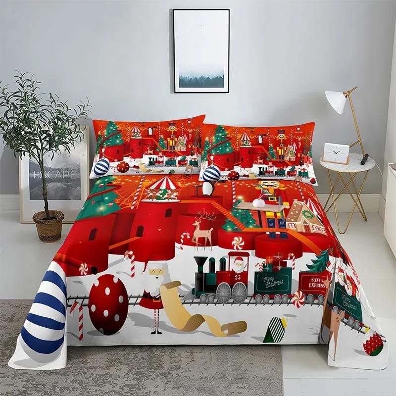 Merry Christmas Bed Sheet Set with Pillowcase 3D Print Santa Claus Home Decor New Year King Queen Full Size Red Bed Flat Sheet