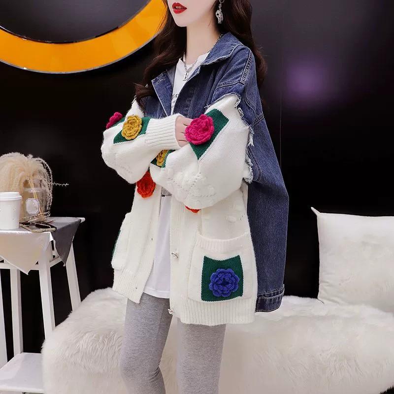 Women's Spring Loose Splicing Denim Jacket Fall Temperament Casual Comfortable Tops