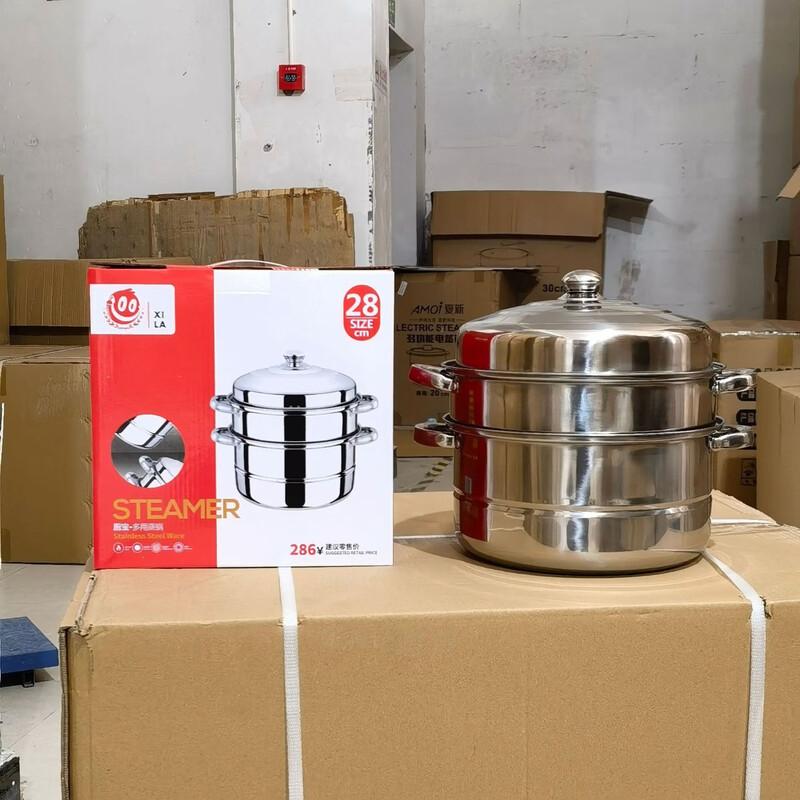 ZISIZ 30cm 3-Tier Stainless Steel Steamer with Wooden Handles