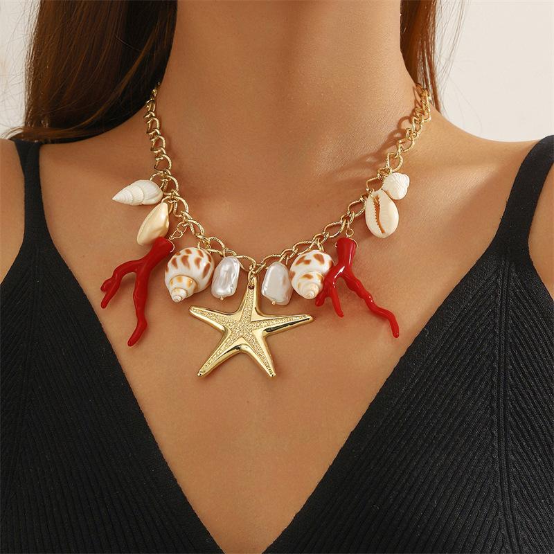 Boho Big Starfish Star Pendant Necklace For Women Conch Shell Pearl Metal Chain Choker Beach Party Exaggerated Jewelry Gift