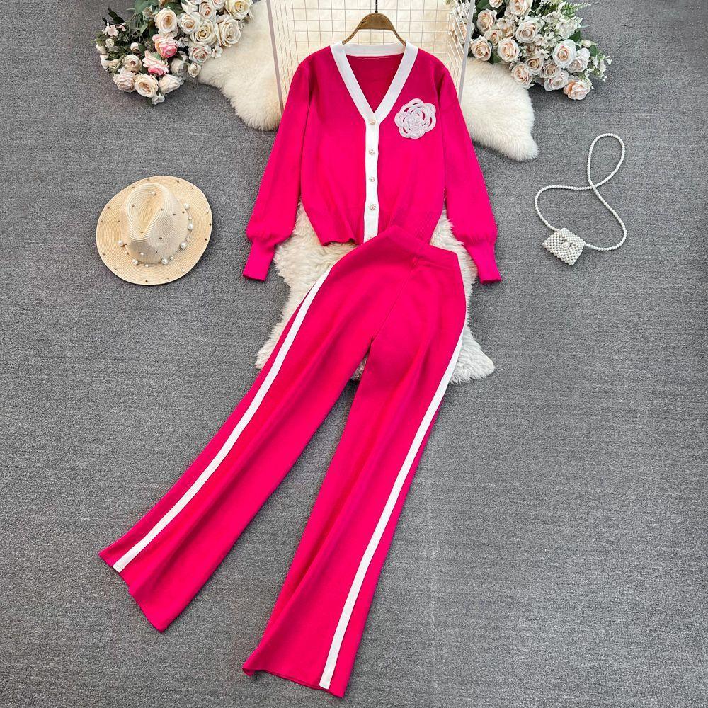 JPNTKY Fashion Set: Long-sleeved, Contrasting Color, V-neck Knitted Cardigan, Two-piece Set, High-waisted, Straight-leg, Wide-leg Pants