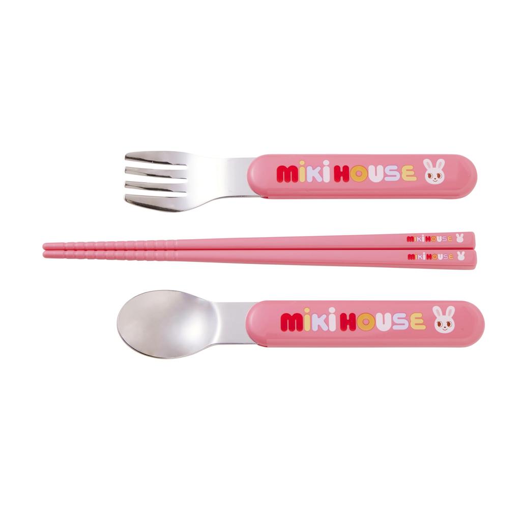 MIKIHOUSE Puzzle Blocks Trio Set Chopsticks Spoon Fork Bear Rabbit Pink Sliding Case BPA Free Dishwasher Safe Japan Kids Kindergarten Cutlery