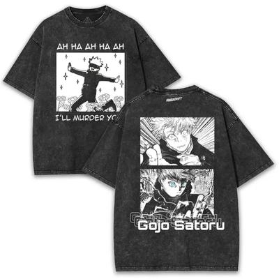 Jujutsu Kaisen Gojo Satoru Printed Tee Men Women Washed Cotton T-shirts Manga Vintage T Shirt Harajuku Male Short Sleeve Tshirt