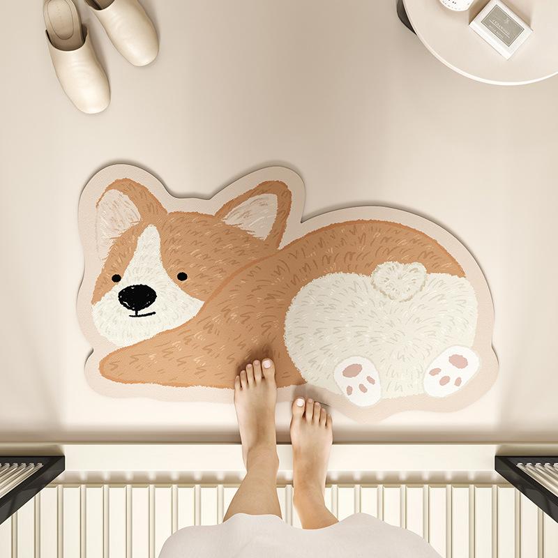 Ya Silaoyu Clay Cartoon Dog Bathroom Mat - Water Absorbing, Slip-Resistant, Quick-Drying Floor Mat, Home Decorative Carpet