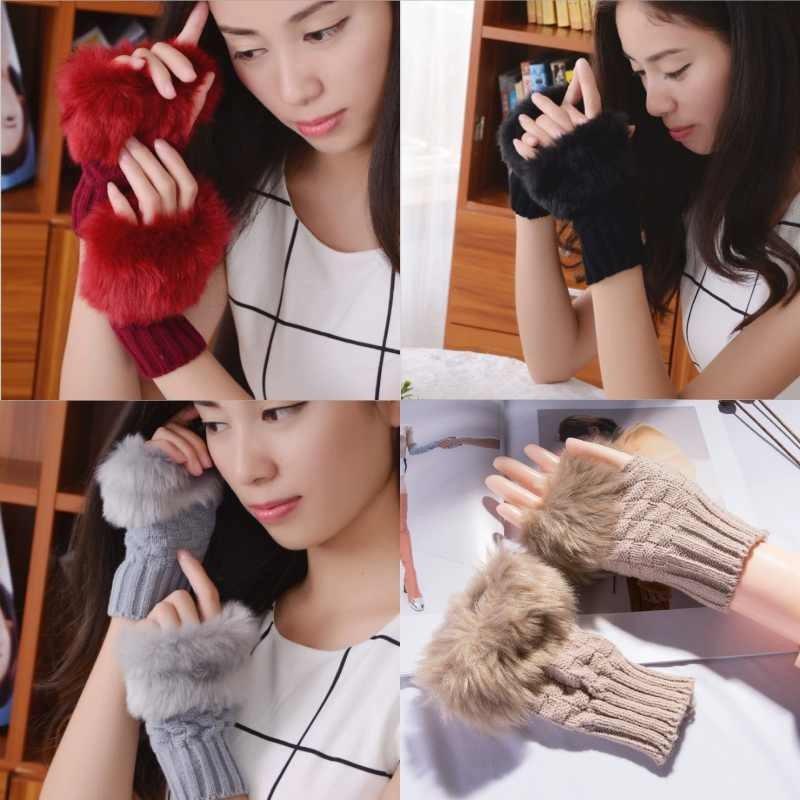 Solid Color Plush Knitted Half Finger Gloves Thickened Warmth Gifts Fashion