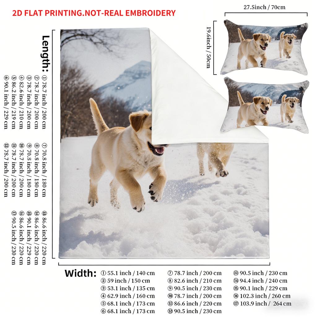 Pillowcase Quilt Cover Three-Piece Set,Lively Golden Retriever Snow Running Pattern,Strong And Durable,Machine Washable