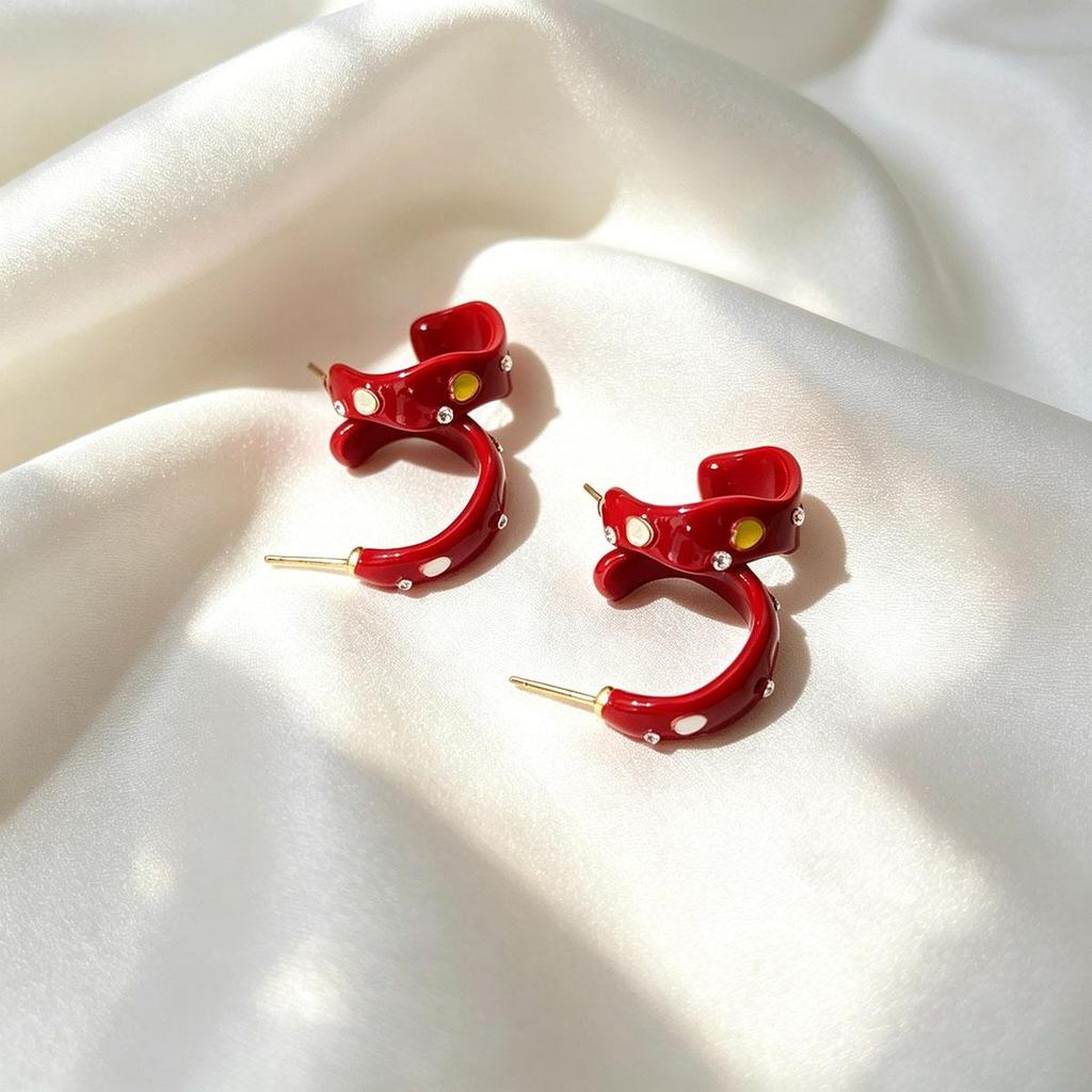 Vintage Red Glaze C-Shape Design Stud Earrings for Women, Gentle Atmosphere Versatile Daily Temperament Ear Hoop, Unique Ear Accessory
