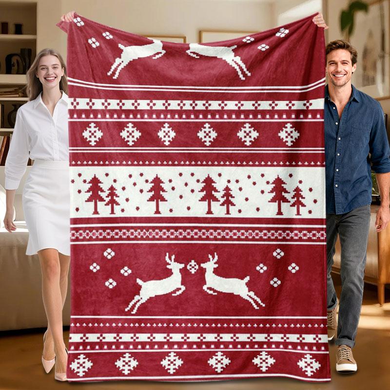 

1 piece Christmas-themed red and white reindeer pattern flannel blanket, perfect for sofa, bed, office. Ideal gift for family, f 70x100cm