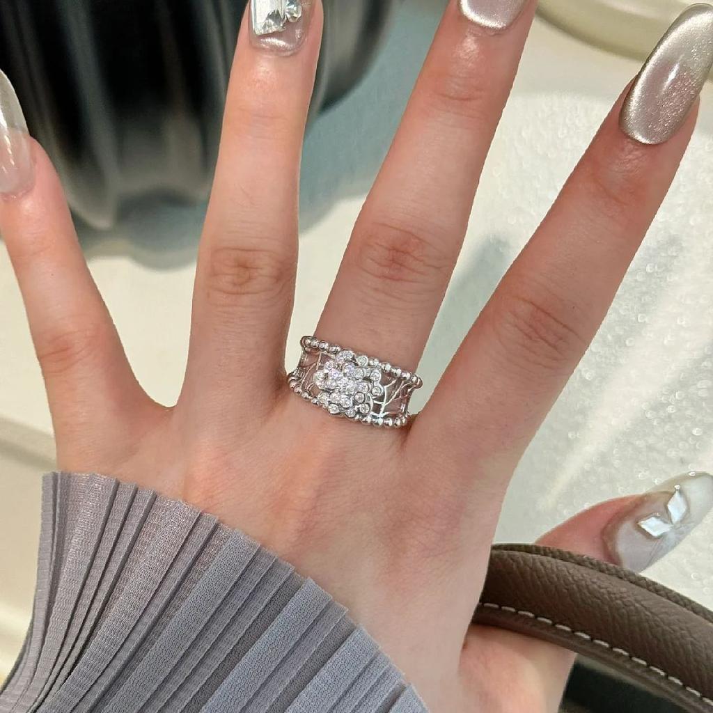 Rose Camellia Pearl Ring Women'S Personality Light Luxury Full Diamond Zir*****Pening Adjustable Ring