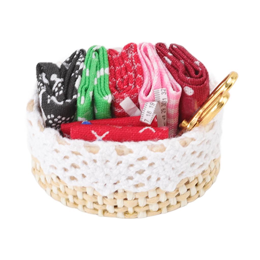 1:12 Dollhouse Sewing Kit Simulation Fabric Scissors Tape Measure Miniature Sewing Basket for