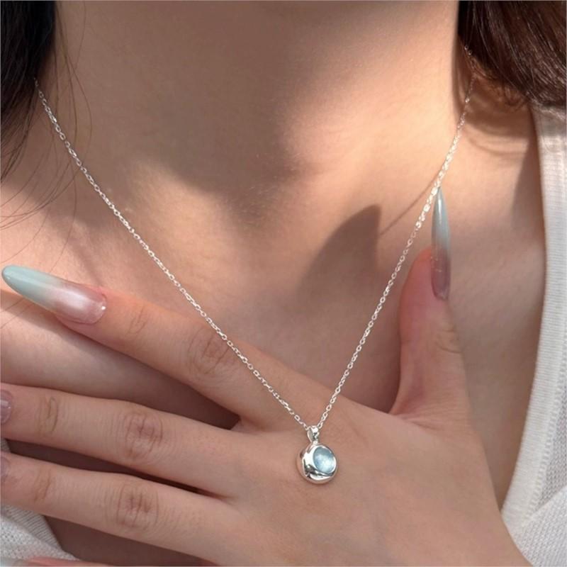 PANJBJ 925 Sterling Silver Blue Crystal Necklace for Women Design Minimalism Sweet Extremely Fine Jewelry Birthday Gift Dropship