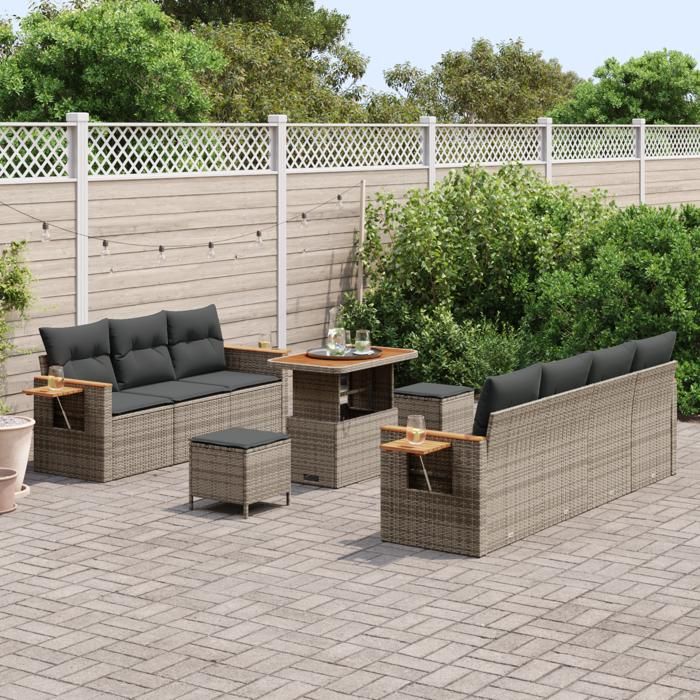Ensemble de Canapés de Jardin 10 pièces avec Coussins Gris Poly Rattan Acacia 3365093
