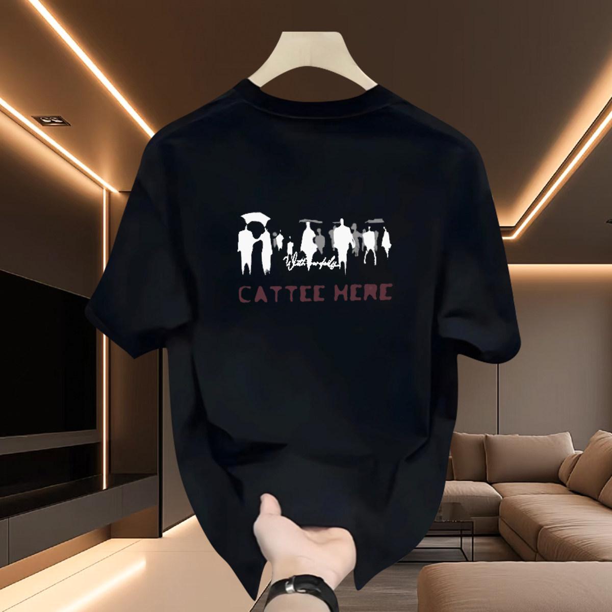 100% Pure cotton short sleeved t-shirt men s Hong Kong style ins trendy brand letter print loose hip-hop half sleeve S чёрный